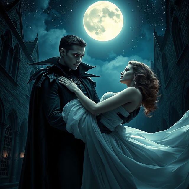 A mysterious and captivating scene where a black vampire holds a woman gently in his arms