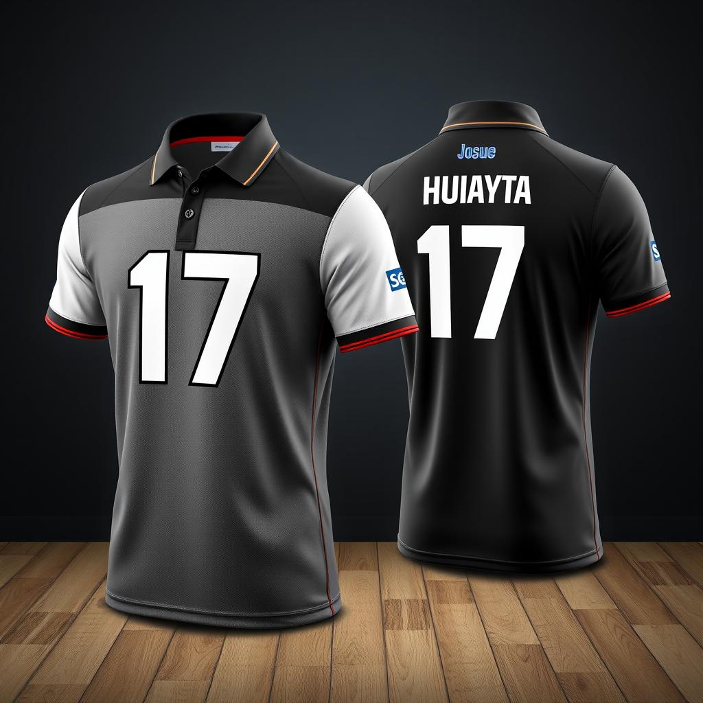 A custom sporty polo shirt designed specifically for athletic use, featuring the back design that includes the number 17 and the name 'Josue Huayta'