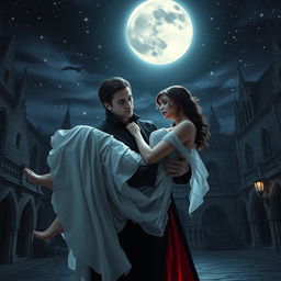 A mysterious and captivating scene where a black vampire holds a woman gently in his arms