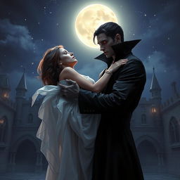 A mysterious and captivating scene where a black vampire holds a woman gently in his arms