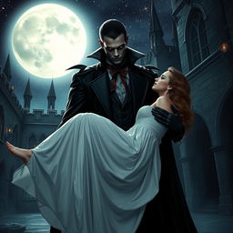 A mysterious and captivating scene where a black vampire holds a woman gently in his arms