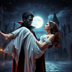 A mysterious and captivating scene where a black vampire holds a woman gently in his arms