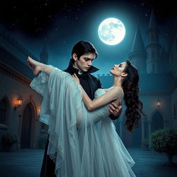 An enchanting scene of a black vampire gently holding a woman in his arms