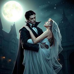 An enchanting scene of a black vampire gently holding a woman in his arms