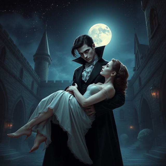 An enchanting scene of a black vampire gently holding a woman in his arms