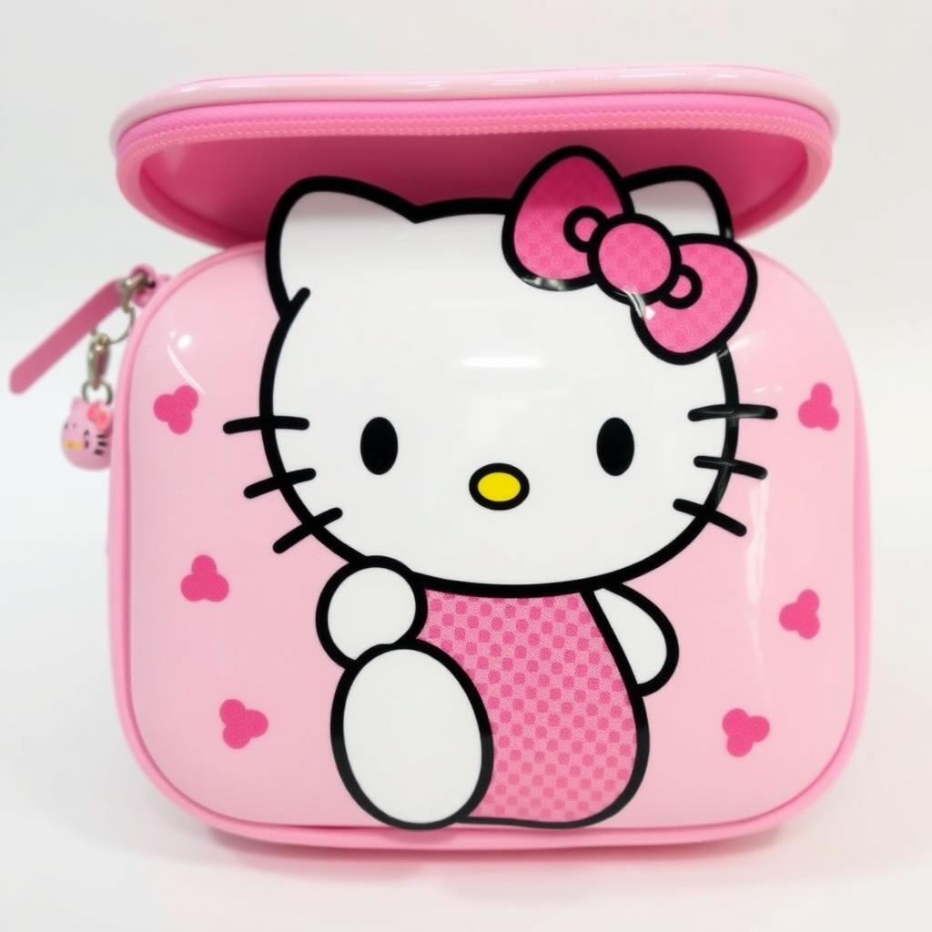 A cute Hello Kitty pencil case, featuring the iconic Hello Kitty character in a cheerful and playful pose