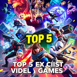 A dynamic and vibrant digital illustration showcasing the top 5 most exciting video games of the moment