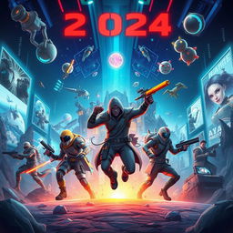 A futuristic and innovative digital illustration depicting the top 5 most exciting video games of 2024