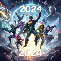 A futuristic and innovative digital illustration depicting the top 5 most exciting video games of 2024