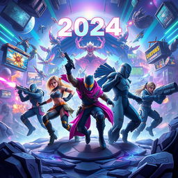 A futuristic and innovative digital illustration depicting the top 5 most exciting video games of 2024