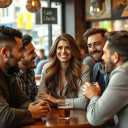 A charismatic woman and multiple men engaged in a lively dialogue in a bustling urban café