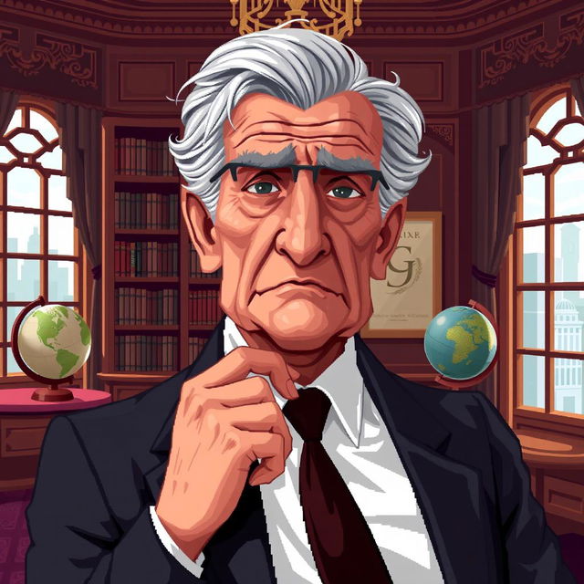 A pixel art depiction of an elderly politician, with distinct features like graying hair and a wise expression, wearing a formal suit