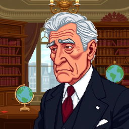 A pixel art depiction of an elderly politician, with distinct features like graying hair and a wise expression, wearing a formal suit