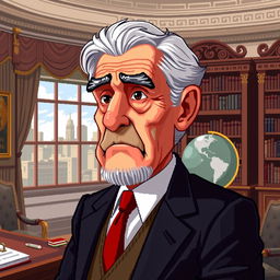 A pixel art depiction of an elderly politician, with distinct features like graying hair and a wise expression, wearing a formal suit