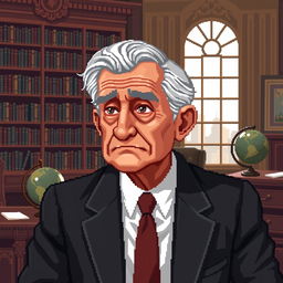 A pixel art depiction of an elderly politician, with distinct features like graying hair and a wise expression, wearing a formal suit