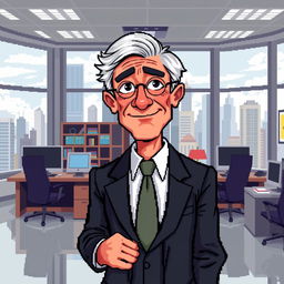 A pixel art depiction of a young-old politician, blending features of youth such as energetic posture and bright eyes, with signs of age like graying hair and a few wrinkles