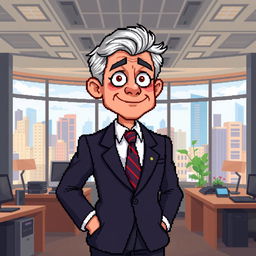 A pixel art depiction of a young-old politician, blending features of youth such as energetic posture and bright eyes, with signs of age like graying hair and a few wrinkles