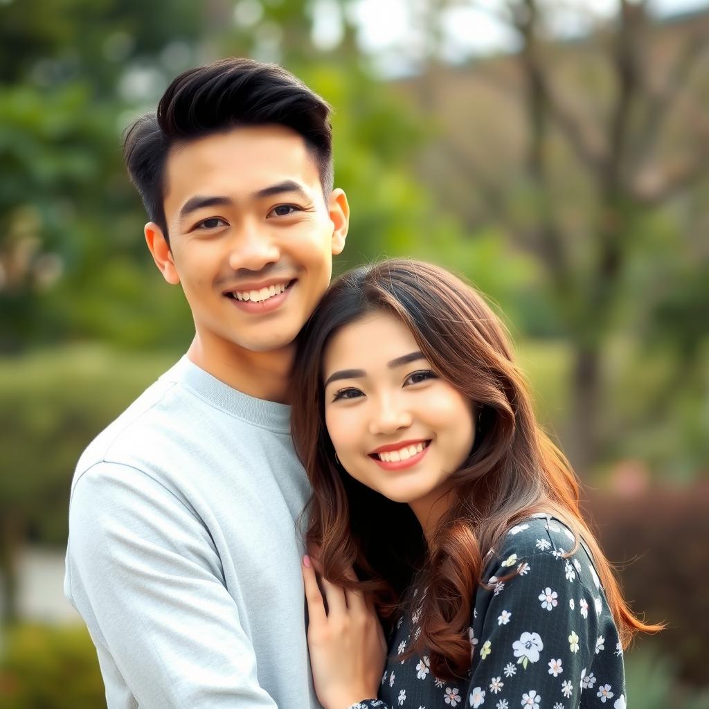 A young Asian couple with brunette hair, standing together with a warm and affectionate pose