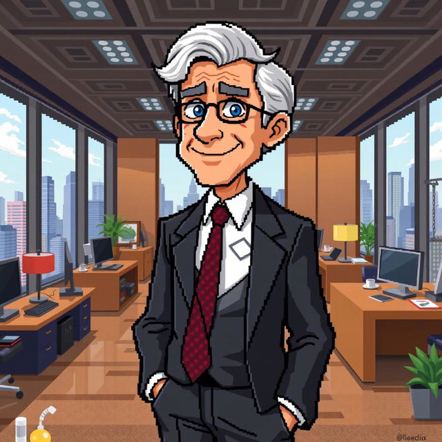 A pixel art depiction of a young-old politician, blending features of youth such as energetic posture and bright eyes, with signs of age like graying hair and a few wrinkles