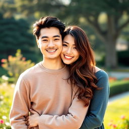 A young Asian couple with brunette hair, standing together with a warm and affectionate pose