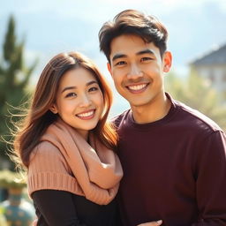 A young Asian couple with brunette hair, standing together with a warm and affectionate pose