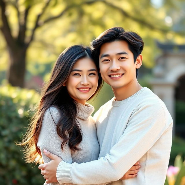 A young Asian couple with brunette hair, standing together with a warm and affectionate pose