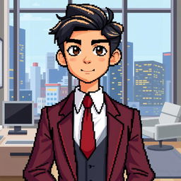 A detailed pixel art representation of a young politician, exhibiting youthful features like bright eyes and smooth skin