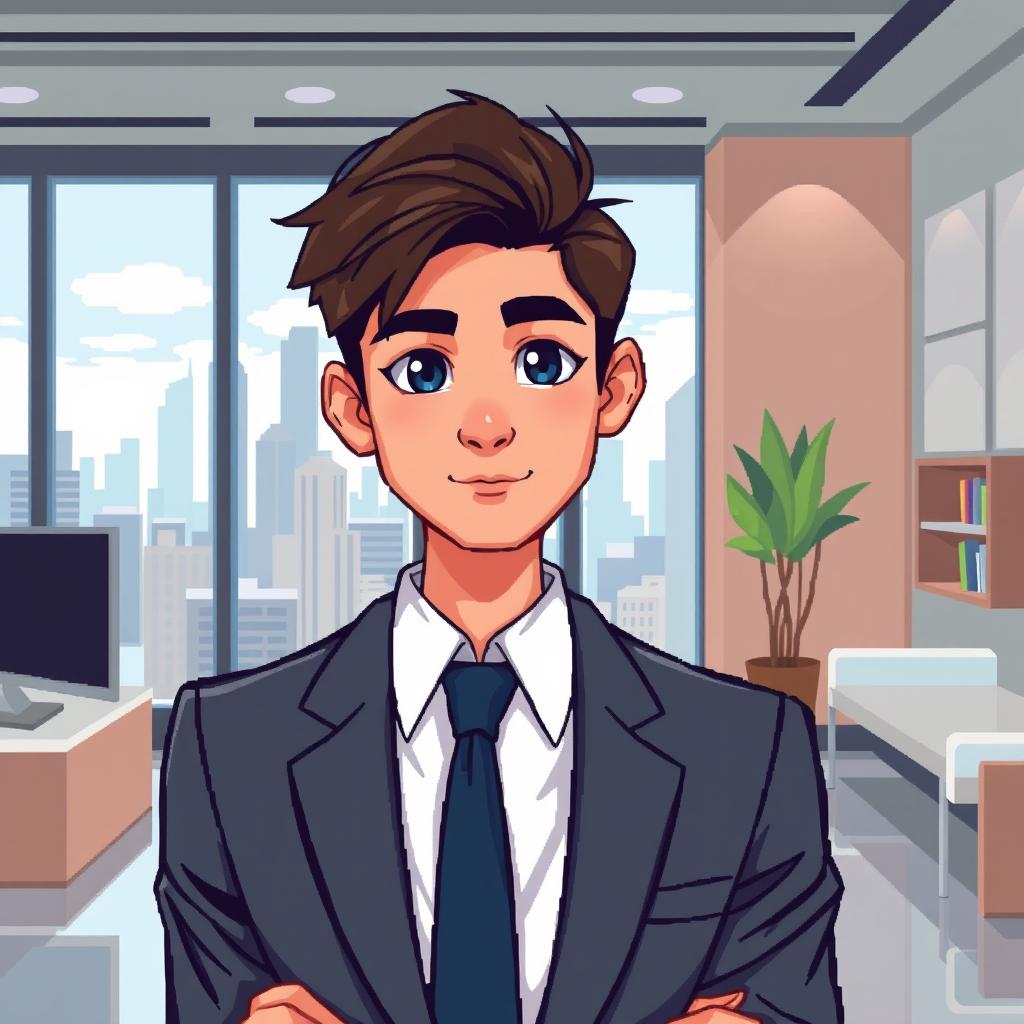 A detailed pixel art representation of a young politician, exhibiting youthful features like bright eyes and smooth skin