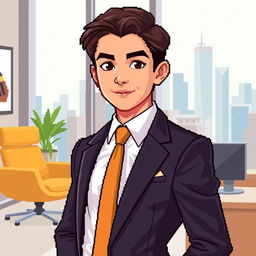 A detailed pixel art representation of a young politician, exhibiting youthful features like bright eyes and smooth skin