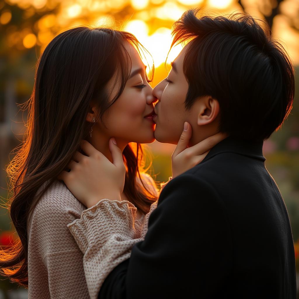 A young Asian couple with brunette hair, sharing a tender kiss