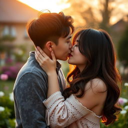 A young Asian couple with brunette hair, sharing a tender kiss