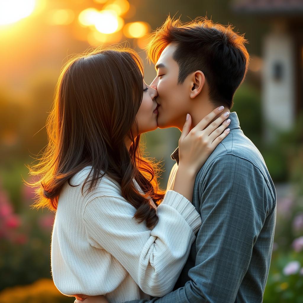 A young Asian couple with brunette hair, sharing a tender kiss