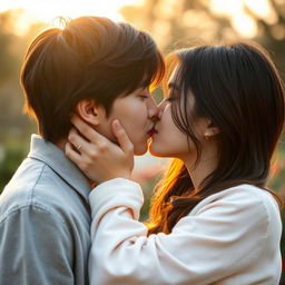 A young Asian couple with brunette hair, sharing a tender kiss