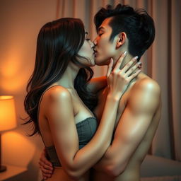 A young Asian couple with brunette hair, sharing a passionate kiss