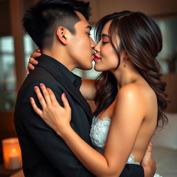 A young Asian couple with brunette hair, sharing a passionate kiss