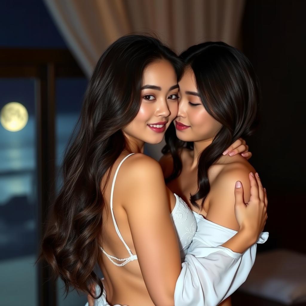 A young Asian couple with brunette hair, embracing each other passionately