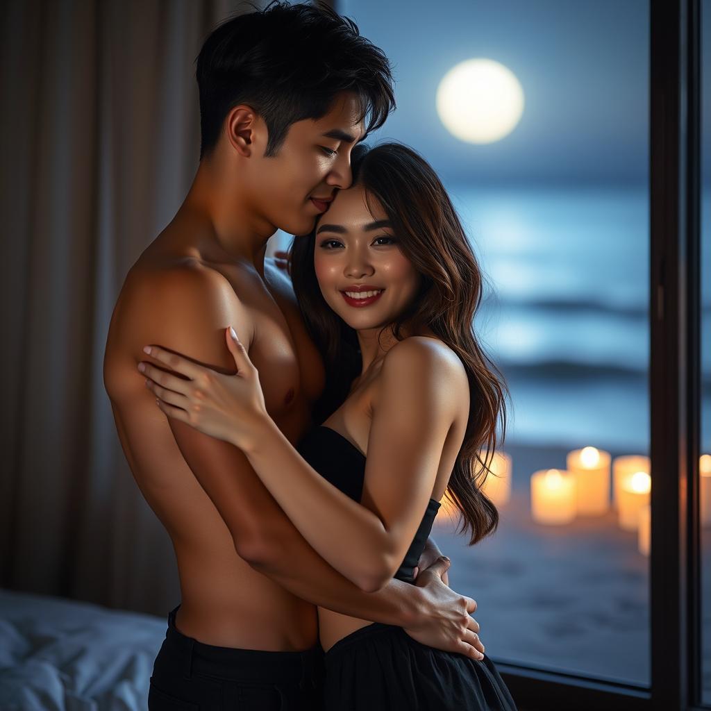 A young Asian couple with brunette hair, embracing each other passionately