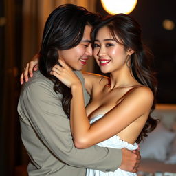 A young Asian couple with brunette hair, embracing each other passionately