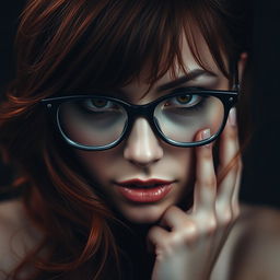 A captivating portrait of a dark-haired redhead with striking glasses, her fiery hair cascading over her shoulders