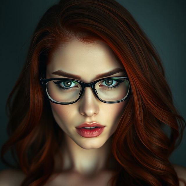 A captivating portrait of a dark-haired redhead with striking glasses, her fiery hair cascading over her shoulders