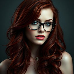 A captivating portrait of a dark-haired redhead with striking glasses, her fiery hair cascading over her shoulders