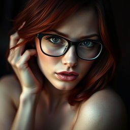 A captivating portrait of a dark-haired redhead with striking glasses, her fiery hair cascading over her shoulders