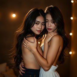 A young Asian couple with brunette hair, engaged in a passionate embrace