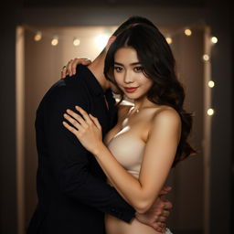 A young Asian couple with brunette hair, engaged in a passionate embrace