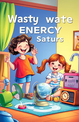 storybook cover illustration featuring two girls playfully wasting energy resources