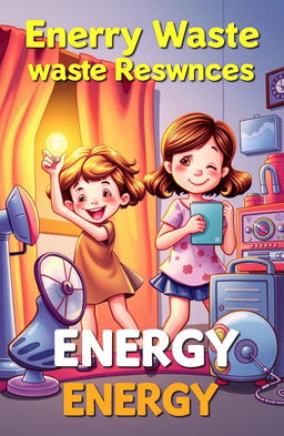 storybook cover illustration featuring two girls playfully wasting energy resources