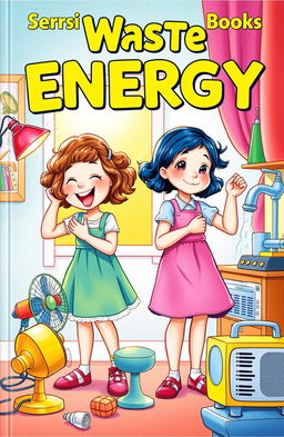 storybook cover illustration featuring two girls playfully wasting energy resources