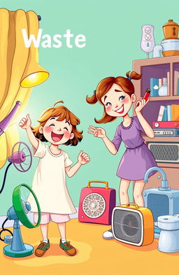 storybook cover illustration featuring two girls playfully wasting energy resources