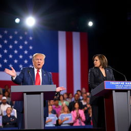 Donald Trump and Kamala Harris engaged in a lively political debate on a grand stage, with podiums and microphones, a large US flag backdrop