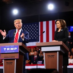 Donald Trump and Kamala Harris engaged in a lively political debate on a grand stage, with podiums and microphones, a large US flag backdrop